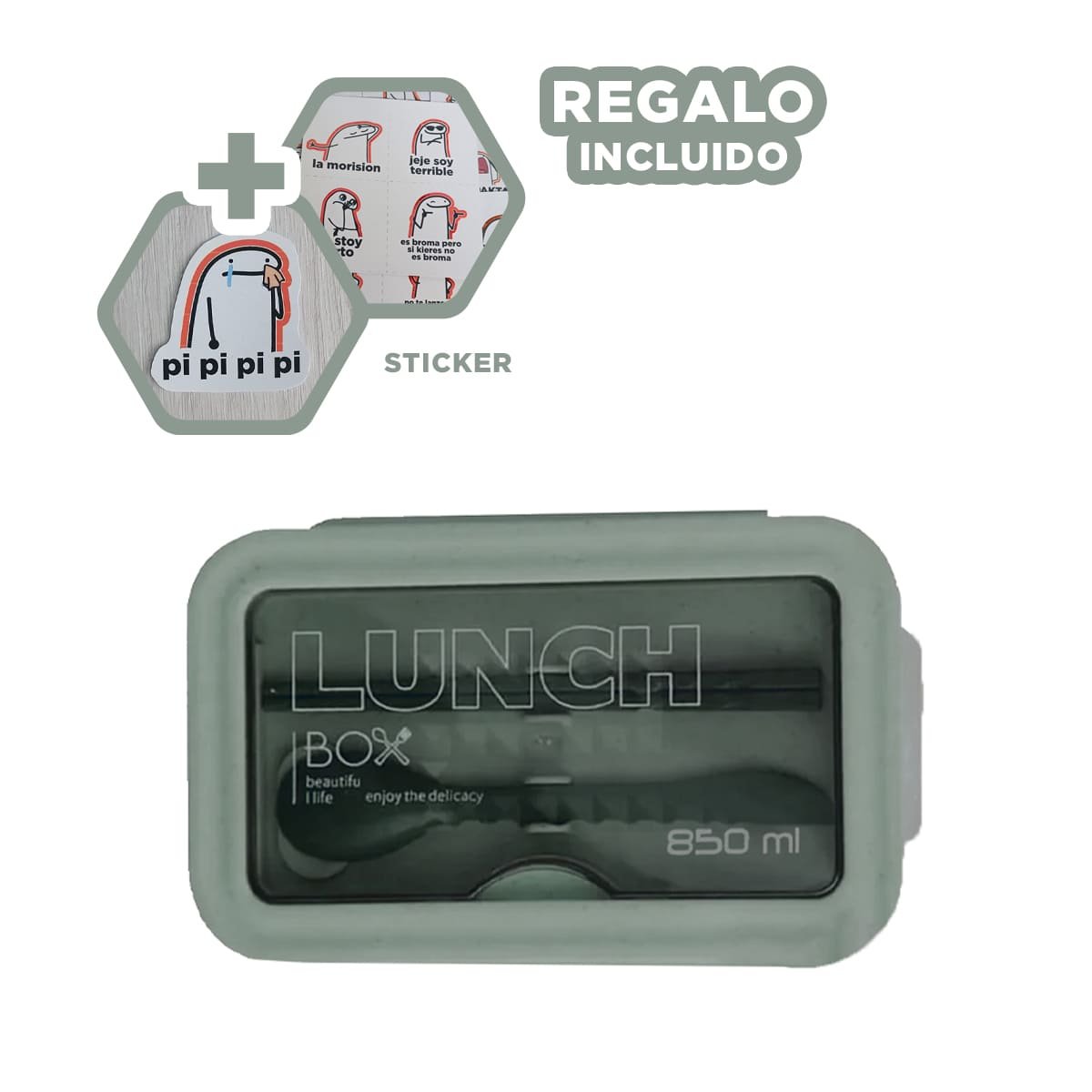 ENVASE HERMÉTICO 850ML CON CUBIERTOS VERDE PARA ALMACENAJE DE ALIMENTOS Y+REGALO STICKER - 1