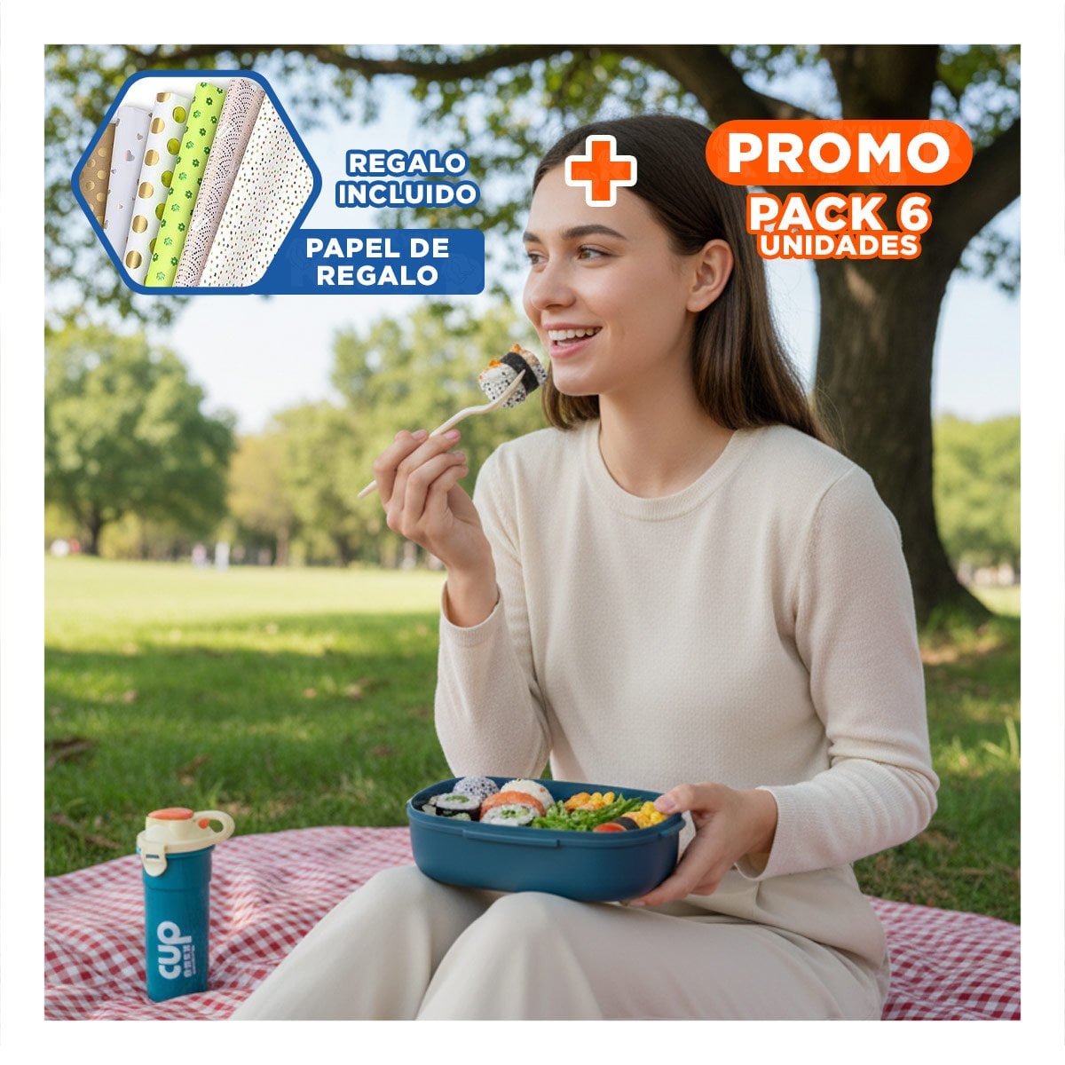 PACK6 SET ALMUERZO 850ML CON CUBIERTOS CREMA Y AZUL MARINO LLEVAR ALMUERZOS Y+PAPEL REGALO - 1