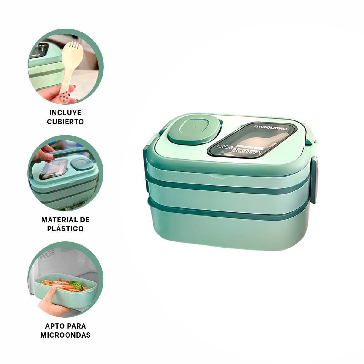 RECIPIENTE 2 PISOS CON COMPARTIMIENTOS Y CUBIERTOS VERDE MANTENER COMIDA FRESCA - 3