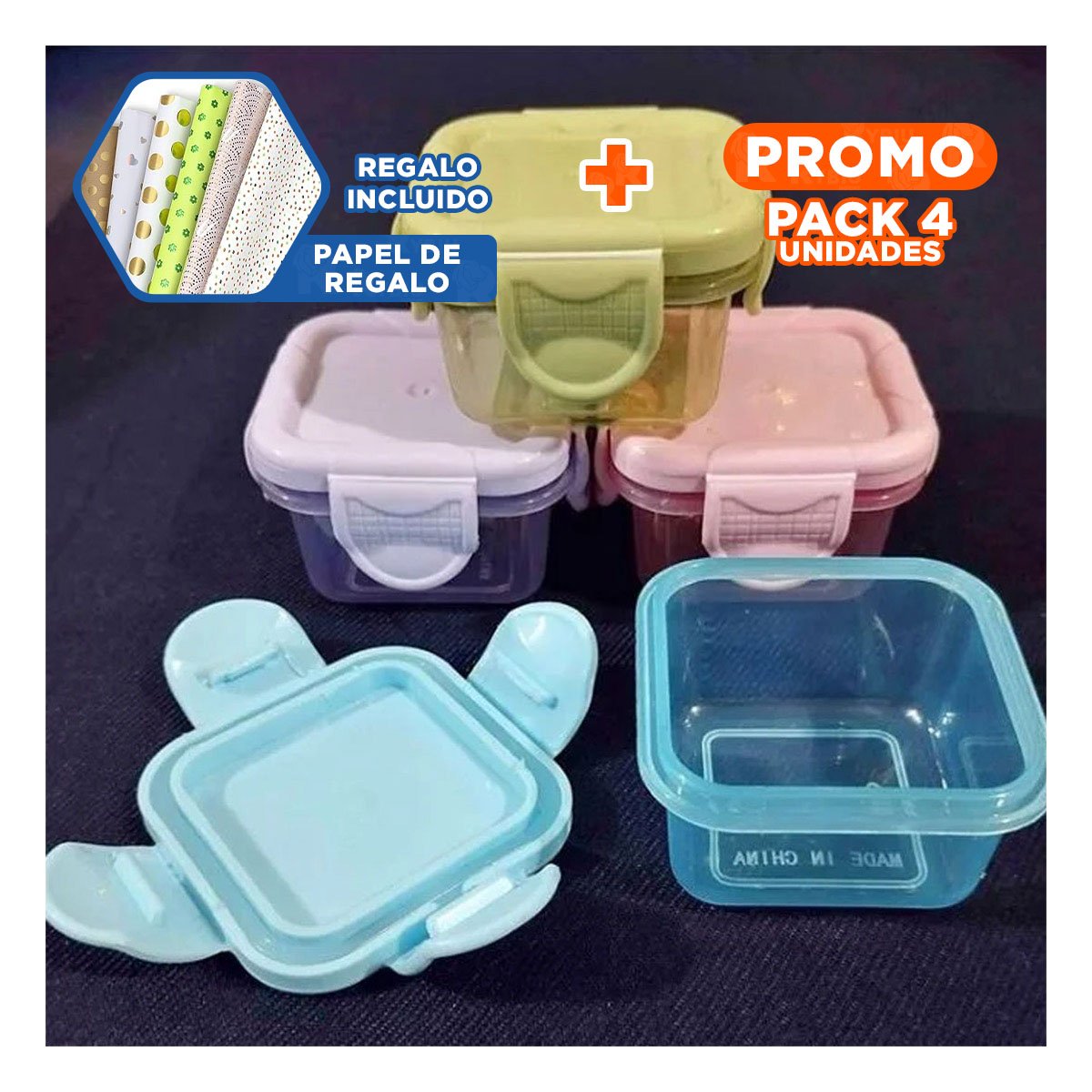 PACK4 POTES MINI CON SEGURO 4 PIEZAS MULTICOLOR 7X4CM PARA GUARDAR COMIDA Y+PAPEL REGALO - 1