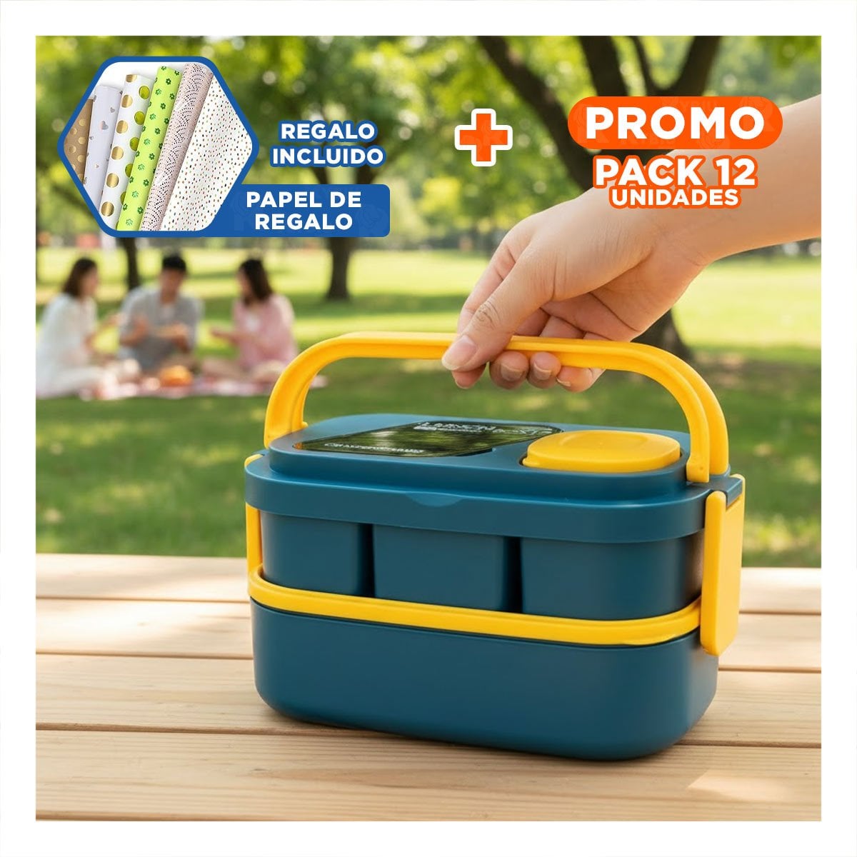 PACK12 DEPÓSITO PORTÁTIL 2 PISOS CON CUBIERTOS AZUL Y AMARILLO PARA PICNIC Y+PAPEL REGALO - 1