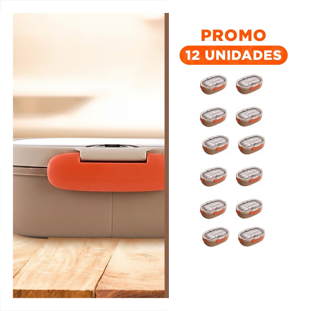 PACK12 KIT ALMUERZO 850ML CON CUBIERTOS MARRON PARA LLEVAR COMIDA COLEGIO Y+REGALO STICKER - 1