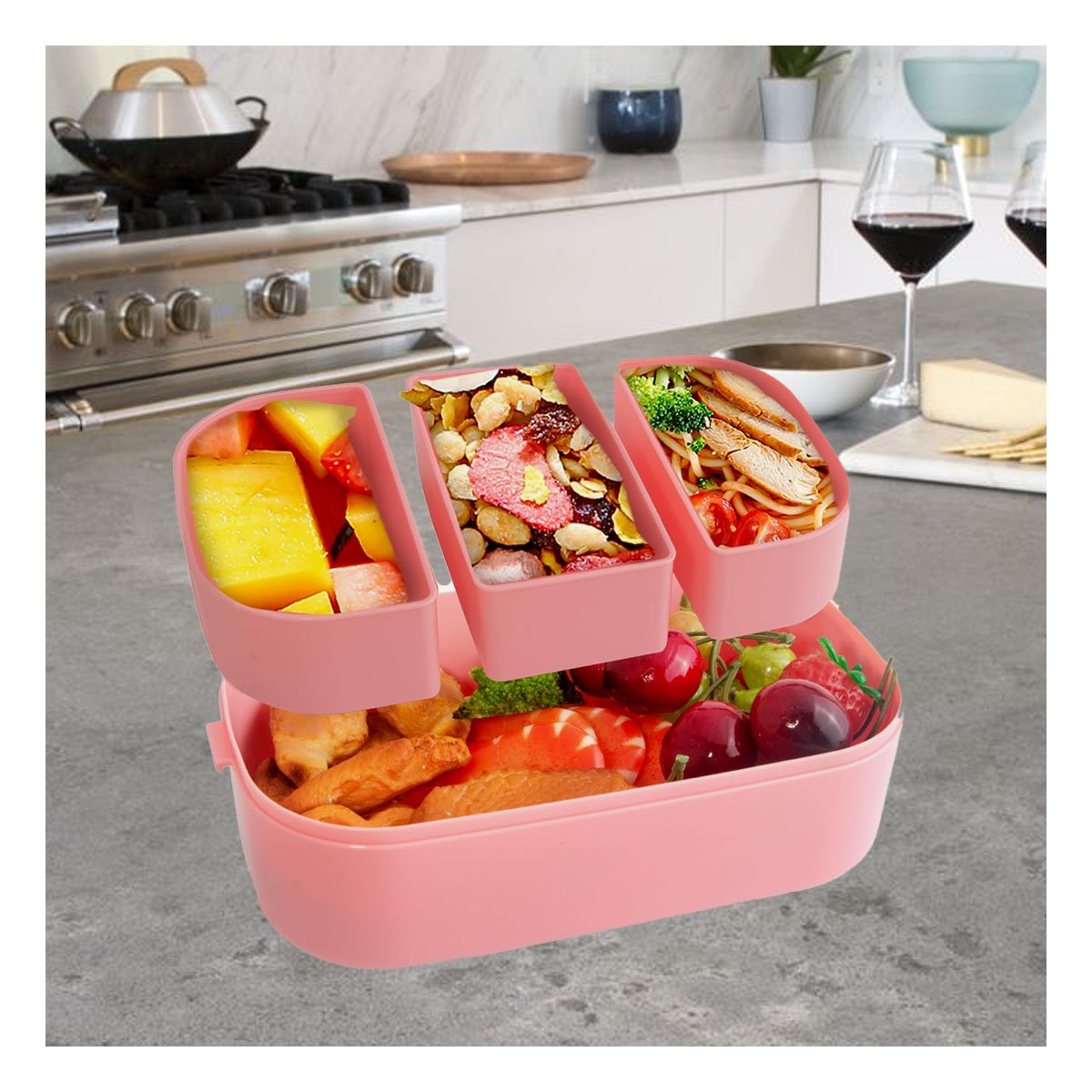 ENVASE APILABLE CON CUBIERTOS 2 PISOS ROSADO Y LILA PARA GUARDAR ALIMENTOS FRESCOS Y+POST IT - 2