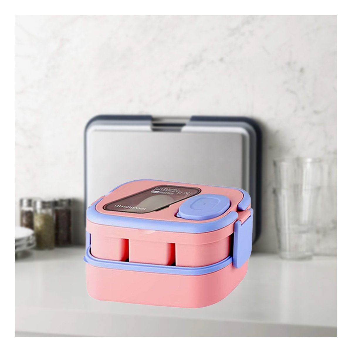 ENVASE APILABLE CON CUBIERTOS 2 PISOS ROSADO Y LILA PARA GUARDAR ALIMENTOS FRESCOS Y+POST IT - 3