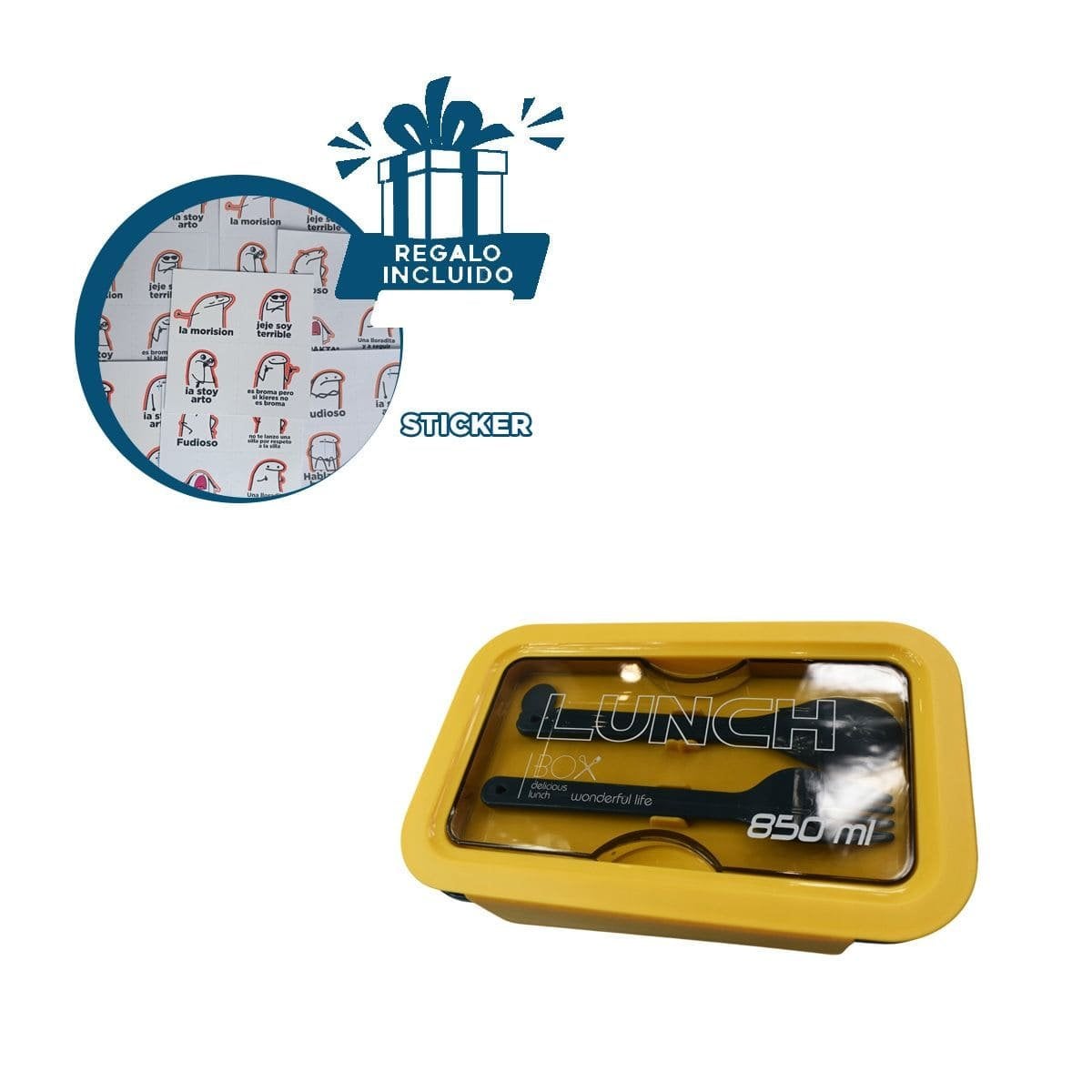 ENVASE HERMÉTICO 850ML CON CUBIERTOS AZUL Y AMARILLO PARA GUARDAR ALIMENTOS Y+REGALO STICKER - 1