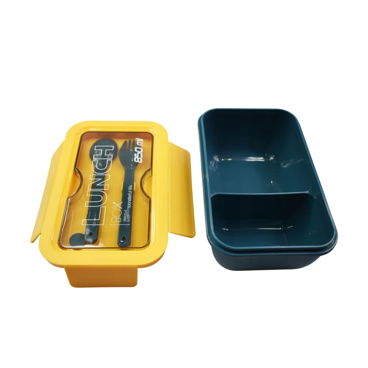 ENVASE PORTÁTIL 850ML CON CUBIERTOS AZUL Y AMARILLO PARA USO DIARIO Y+LIGAS REGALO - 3