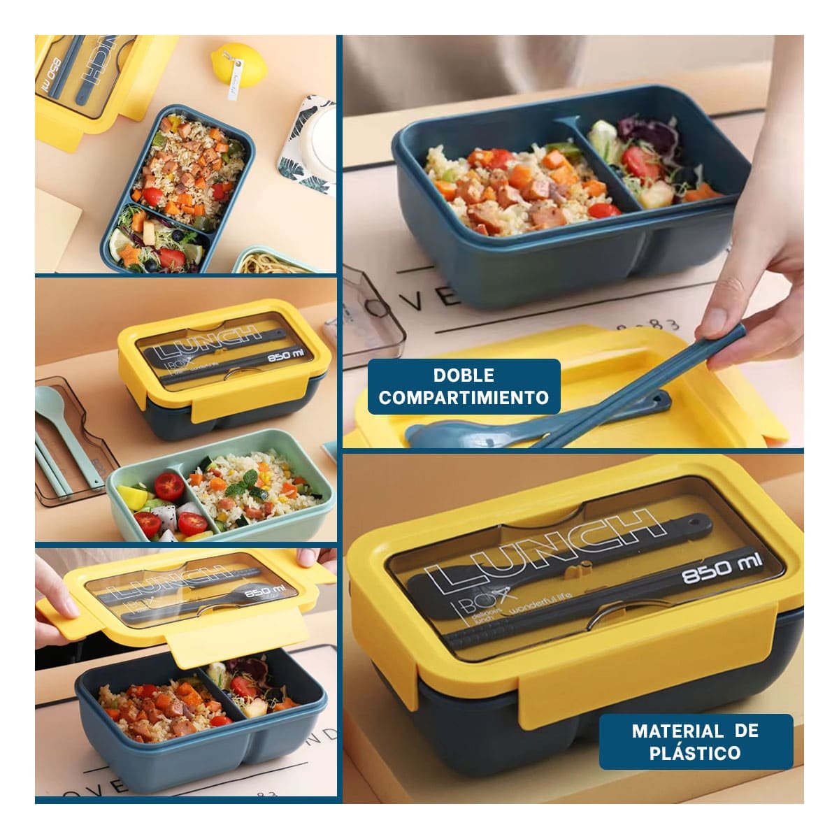 ENVASE PORTÁTIL 850ML CON CUBIERTOS AZUL Y AMARILLO PARA USO DIARIO Y+LIGAS REGALO - 5