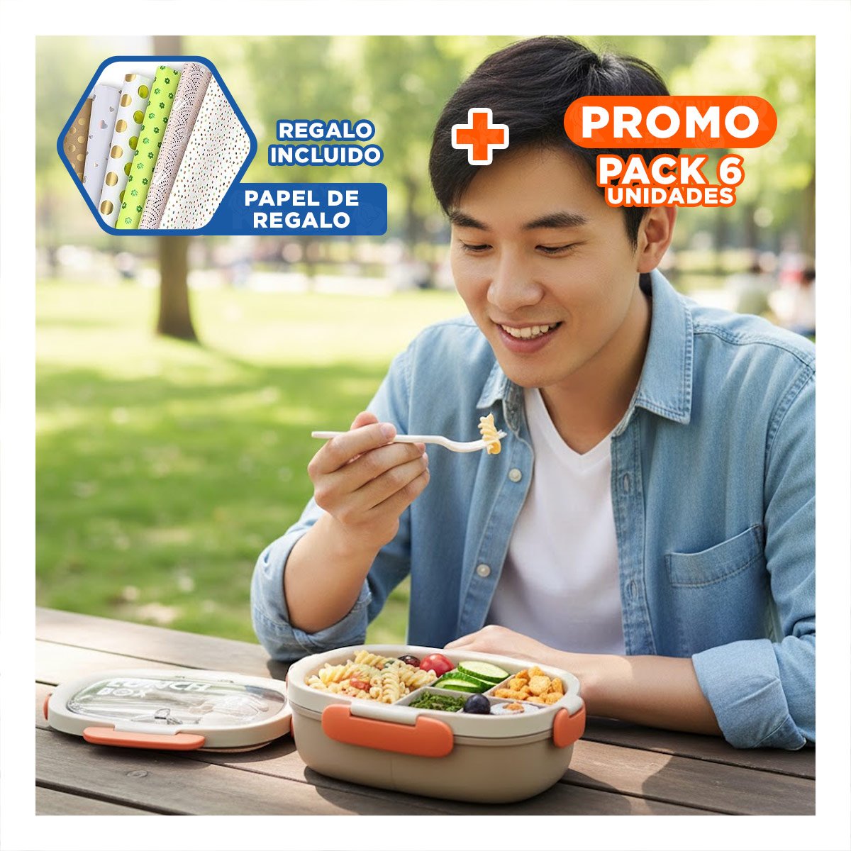 PACK6 SET ALMUERZO 850ML CON CUBIERTOS MARRON PARA LLEVAR ALMUERZOS DIARIO Y+PAPEL REGALO - 1