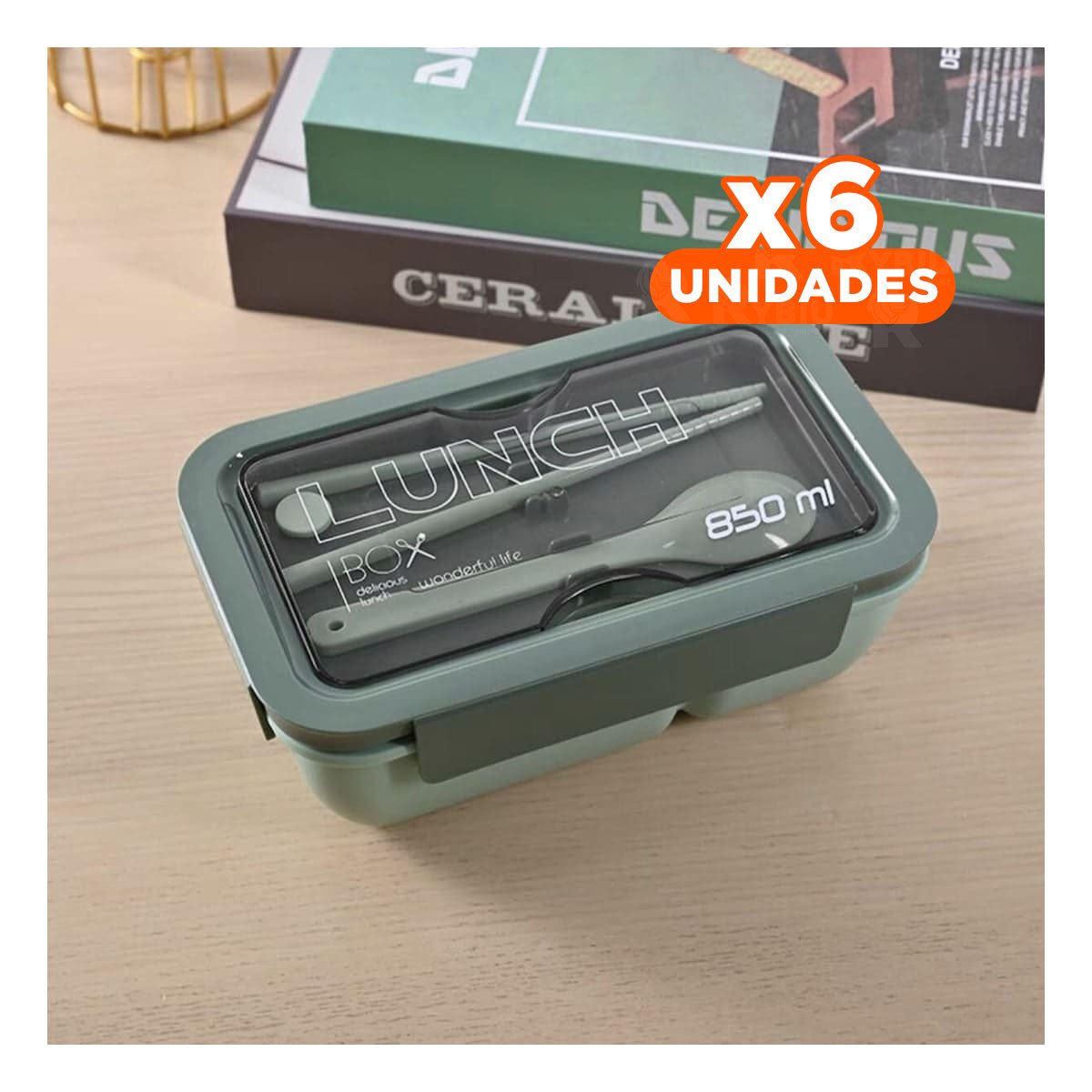 PACK6 DEPÓSITO LIGERO 850ML CON CUBIERTOS VERDE PARA TRANSPORTE DE COMIDA Y+REGALO STICKER - 1