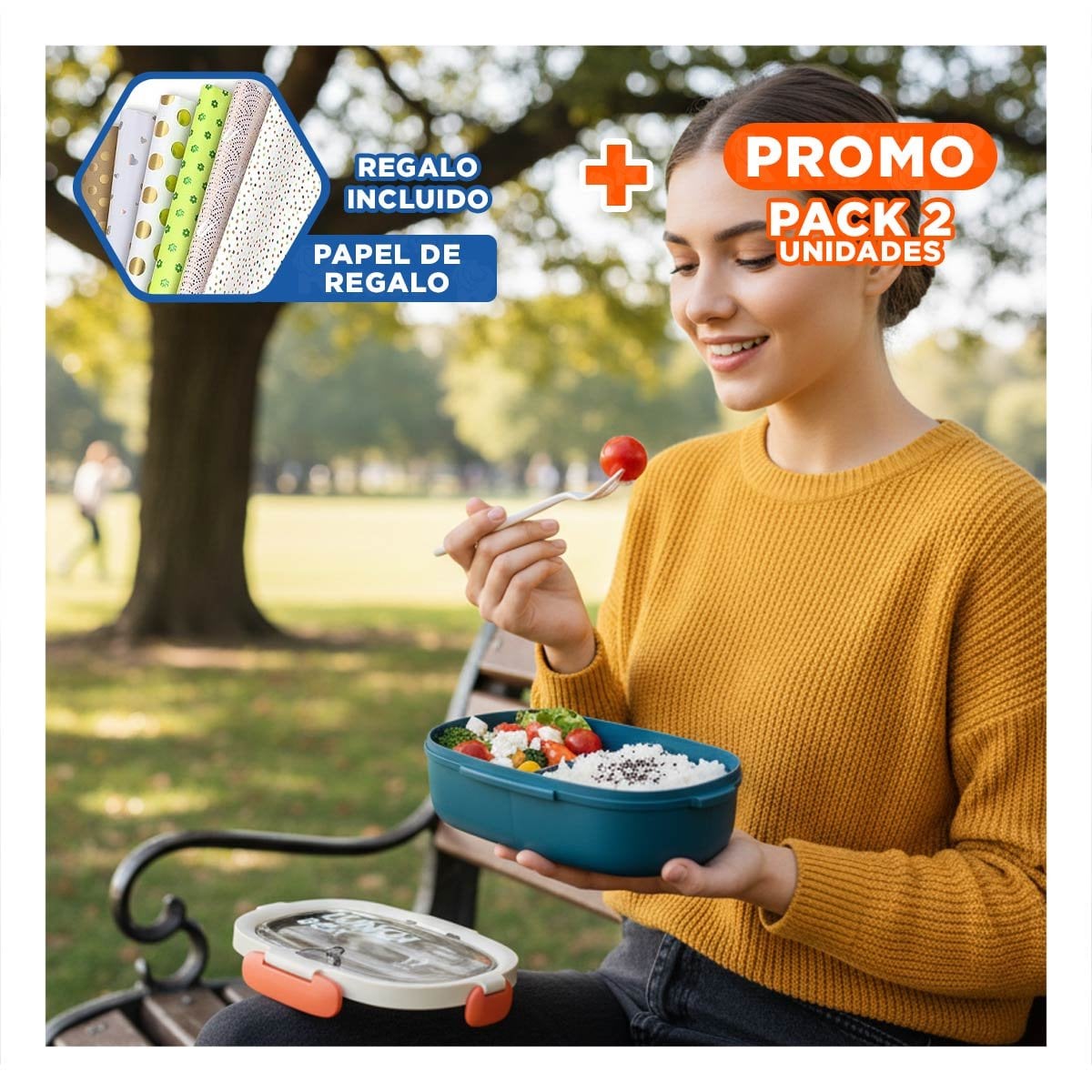 PACK2 CAJA ALMUERZO 850ML CON CUBIERTOS CREMA Y AZUL MARINO LLEVAR COMIDA Y+PAPEL REGALO - 1