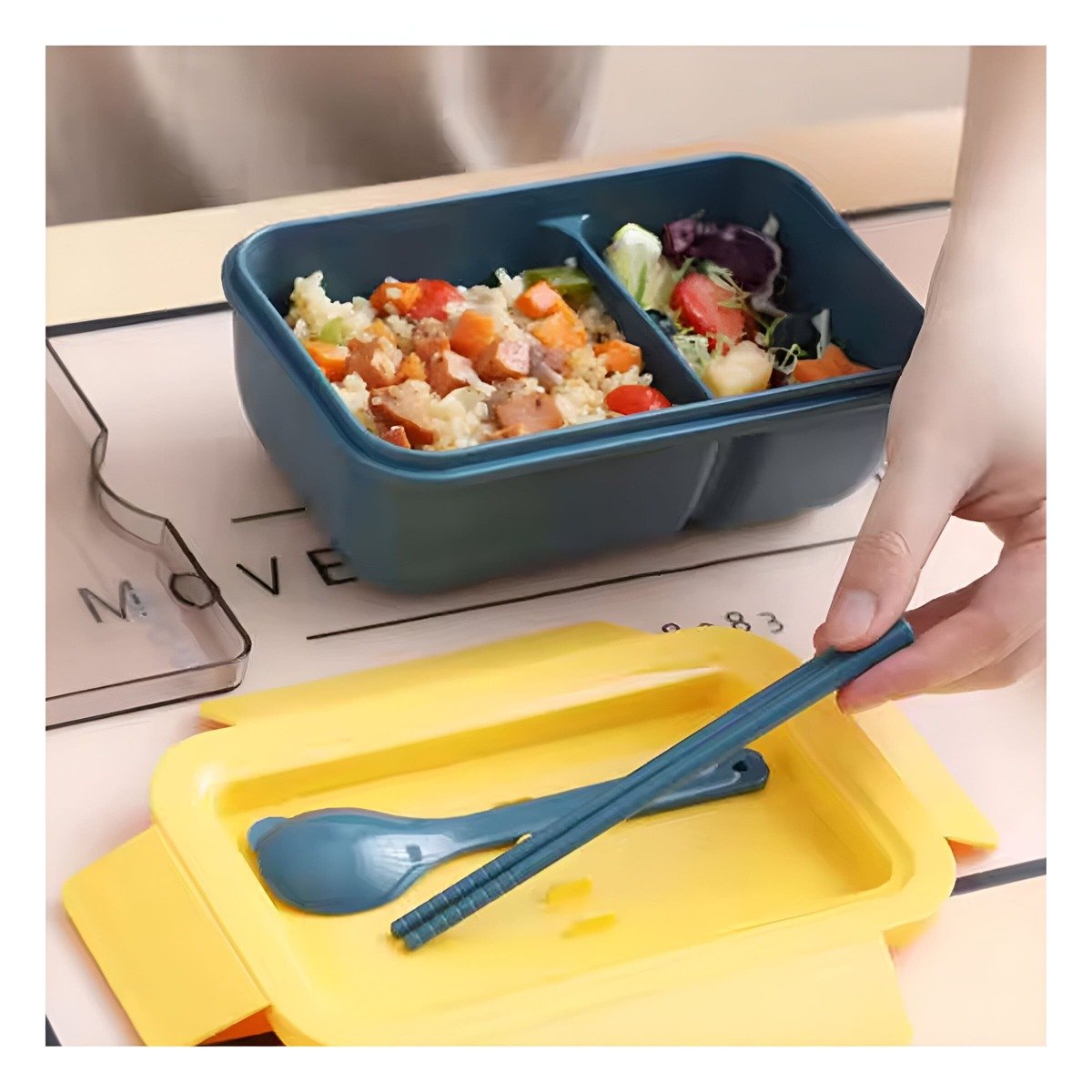 PACK4 POTE LIGERO 850ML CON CUBIERTOS AZUL Y AMARILLO PARA TRANSPORTE COMIDA - 5