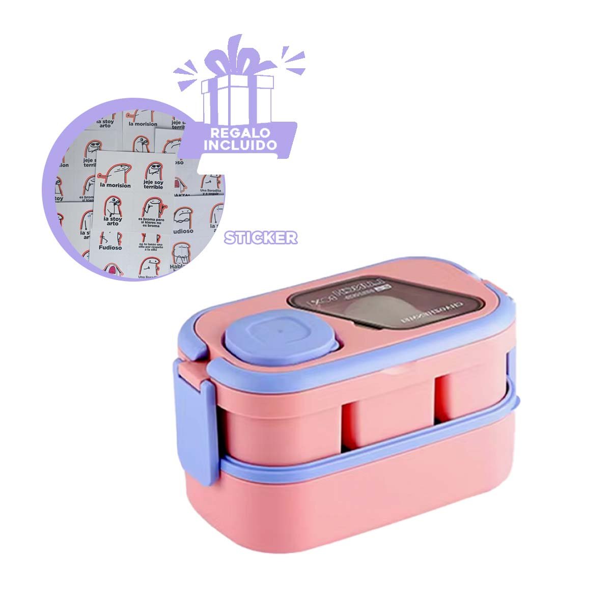 ENVASE LIGERO 2 PISOS CON CUBIERTOS ROSADO Y LILA PARA USO DIARIO EN HOGAR Y+REGALO STICKER - 1
