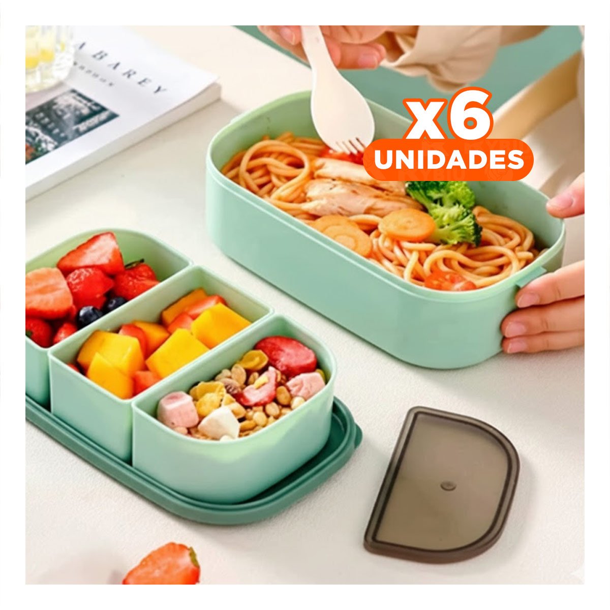 PACK6 KIT ALMUERZO 2 PISOS CON COMPARTIMIENTOS Y CUBIERTOS VERDE PARA COMIDA Y+REGALO STICKER - 1