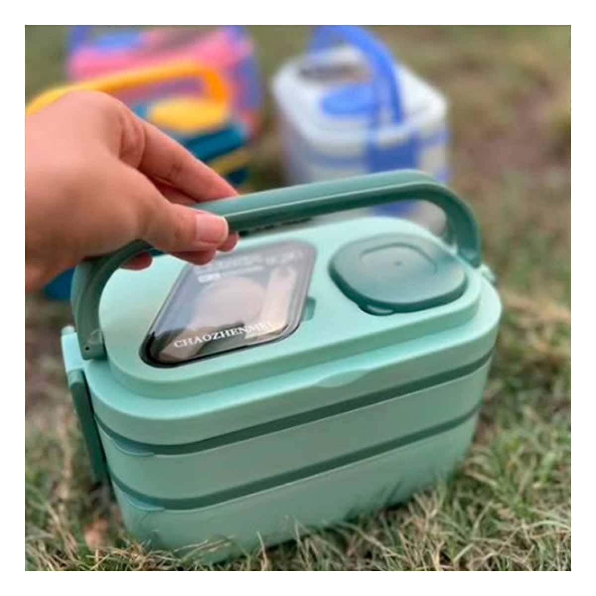 PACK6 KIT ALMUERZO 2 PISOS CON COMPARTIMIENTOS Y CUBIERTOS VERDE PARA COMIDA Y+REGALO STICKER - 5