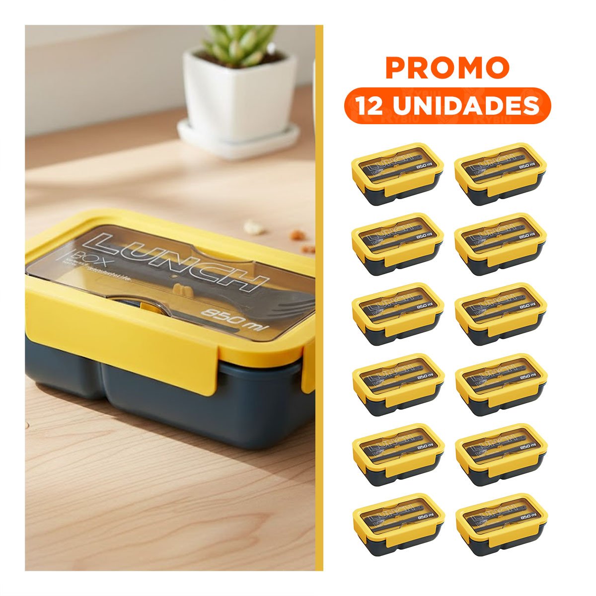 PACK12 DEPÓSITO PRÁCTICO 850ML CON CUBIERTOS AZUL Y AMARILLO PARA USO DIARIO Y+REGALO STICKER - 1