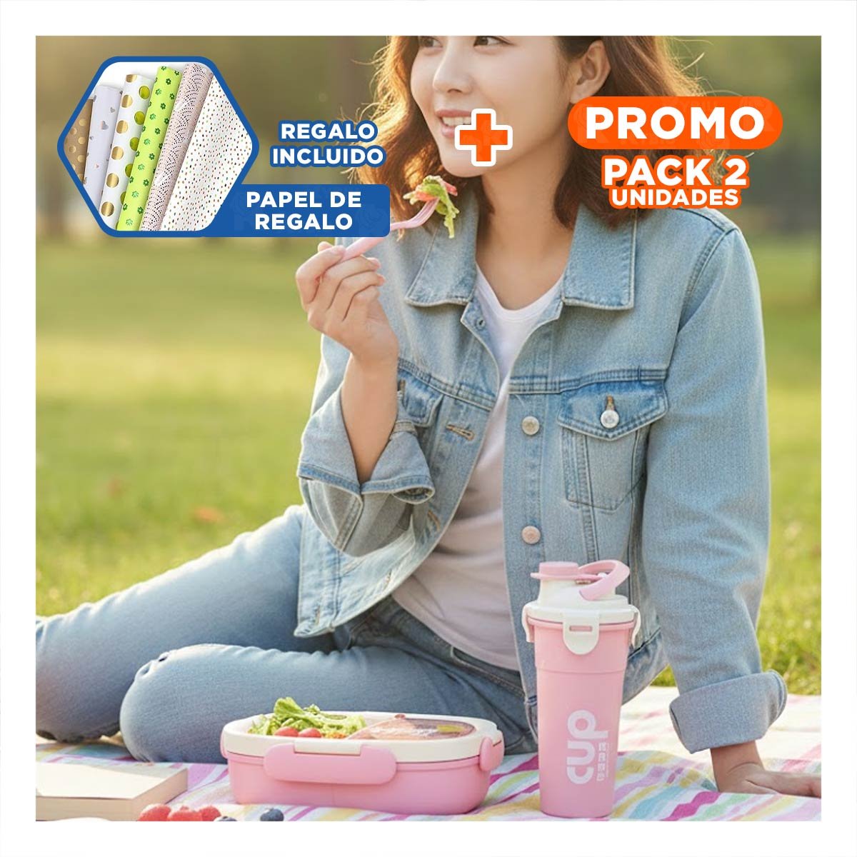 PACK2 CAJA ALMUERZO 850ML CON CUBIERTOS Y TOMATODO 480ML ROSADO PARA ESTUDIO Y+PAPEL REGALO - 1