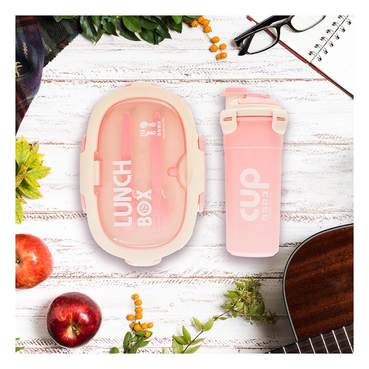 PACK2 CAJA ALMUERZO 850ML CON CUBIERTOS Y TOMATODO 480ML ROSADO PARA ESTUDIO Y+PAPEL REGALO - 5