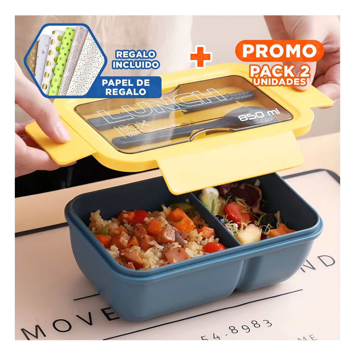PACK2 BOTE PRÁCTICO 850ML CON CUBIERTOS AZUL Y AMARILLO PARA USO DIARIO Y+PAPEL REGALO - 1