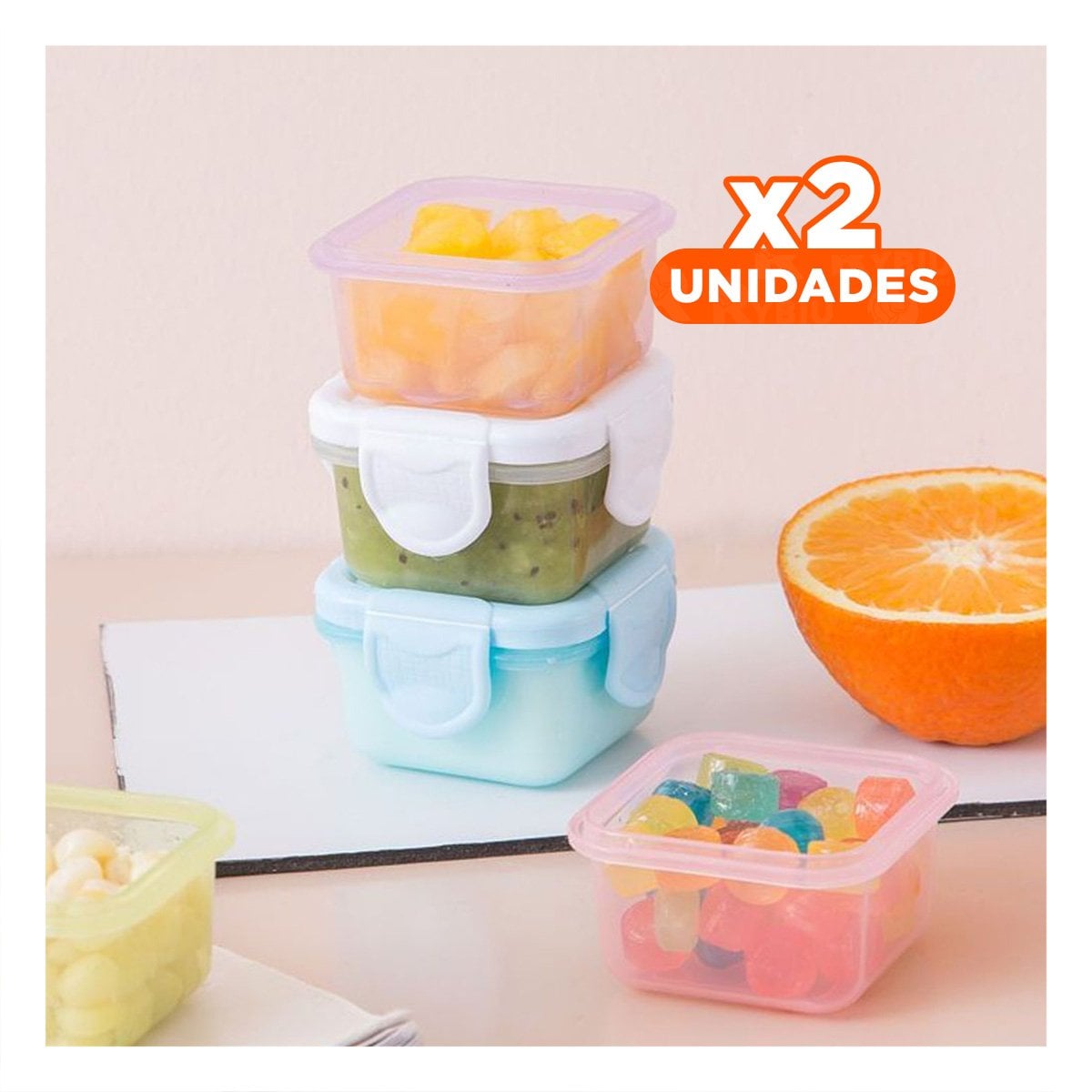 PACK2 BOTES MINI CON SEGURO 4 PIEZAS MULTICOLOR 6,2X4CM PARA GUARDAR FRUTAS Y+REGALO STICKER - 1