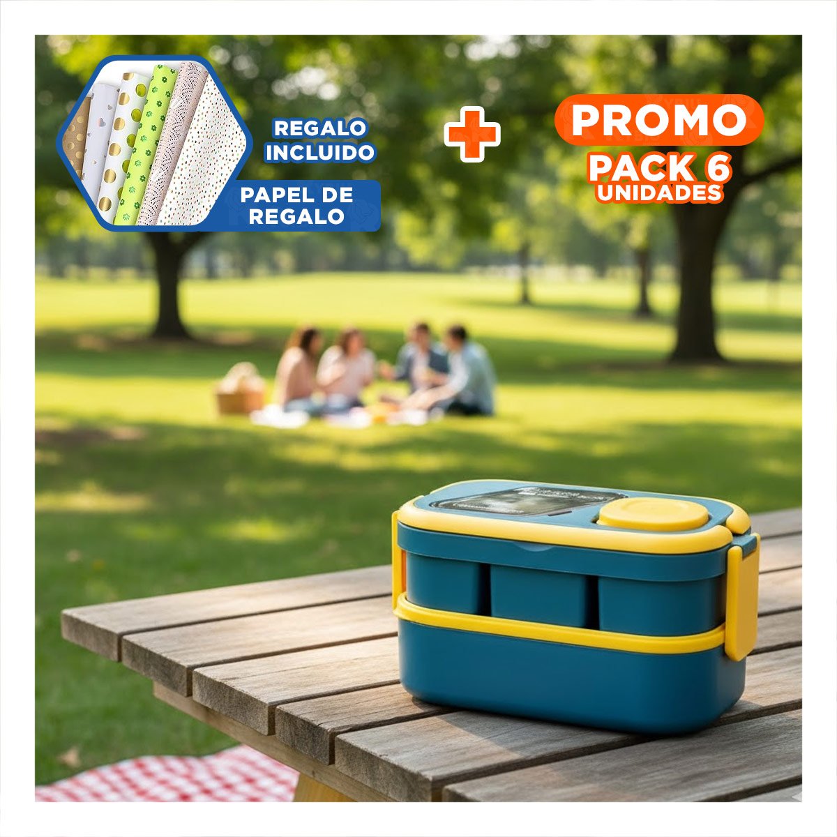 PACK6 POTE LIGERO 2 PISOS CON SEPARADORES AZUL Y AMARILLO PARA ALIMENTOS Y+PAPEL REGALO - 1