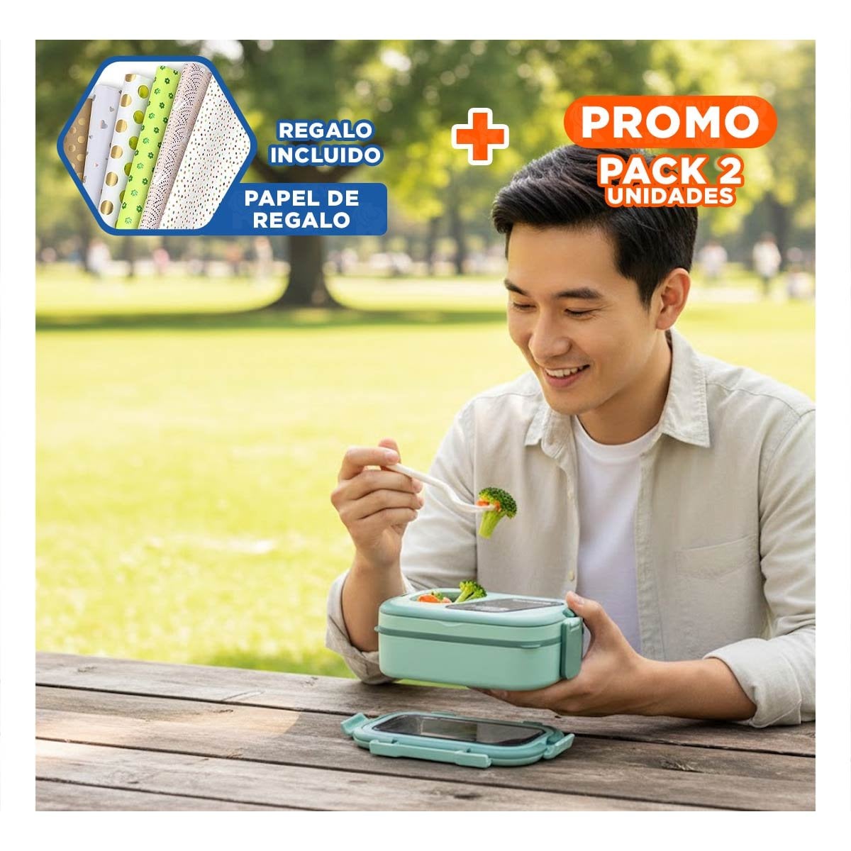 PACK2 CAJA ALMUERZO 2 PISOS CON COMPARTIMIENTOS Y CUBIERTOS VERDE LLEVAR COMIDA Y+PAPEL REGALO - 1