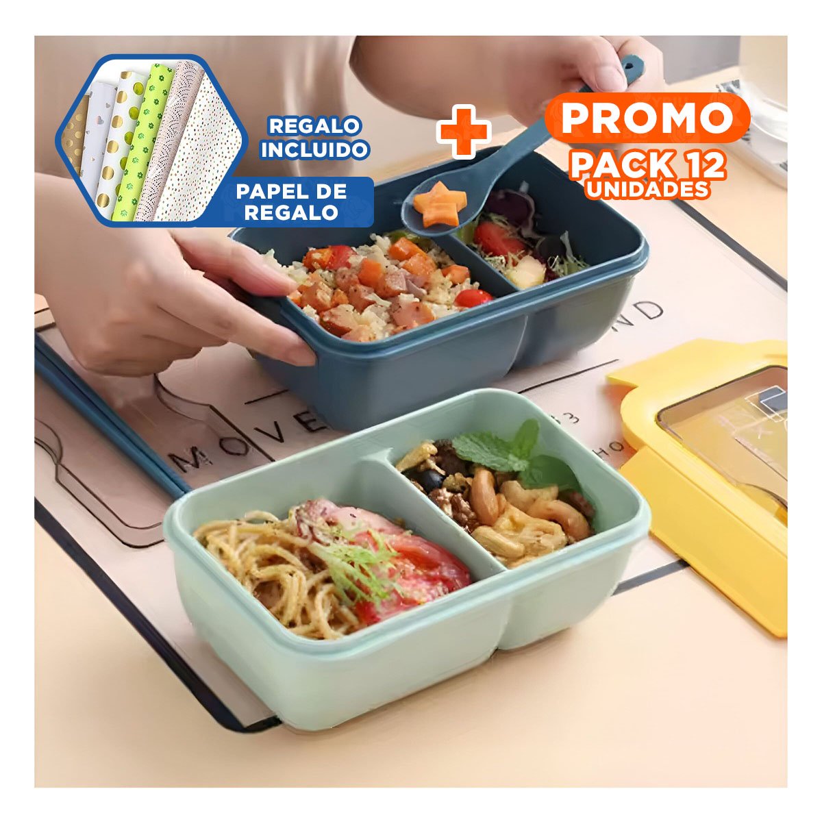 PACK12 DEPÓSITO HERMÉTICO 850ML CON CUBIERTOS AZUL Y AMARILLO PARA COMIDA Y+PAPEL REGALO - 1