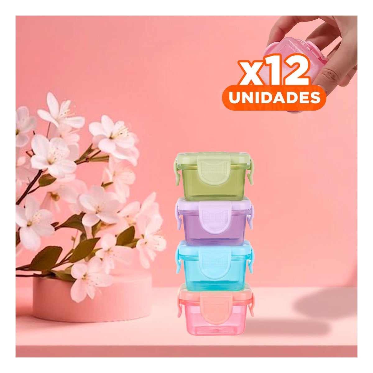 PACK12 DEPÓSITOS MINI CON SEGURO 4 PIEZAS MULTICOLOR 7X4CM PARA GUARDAR COMIDA - 1