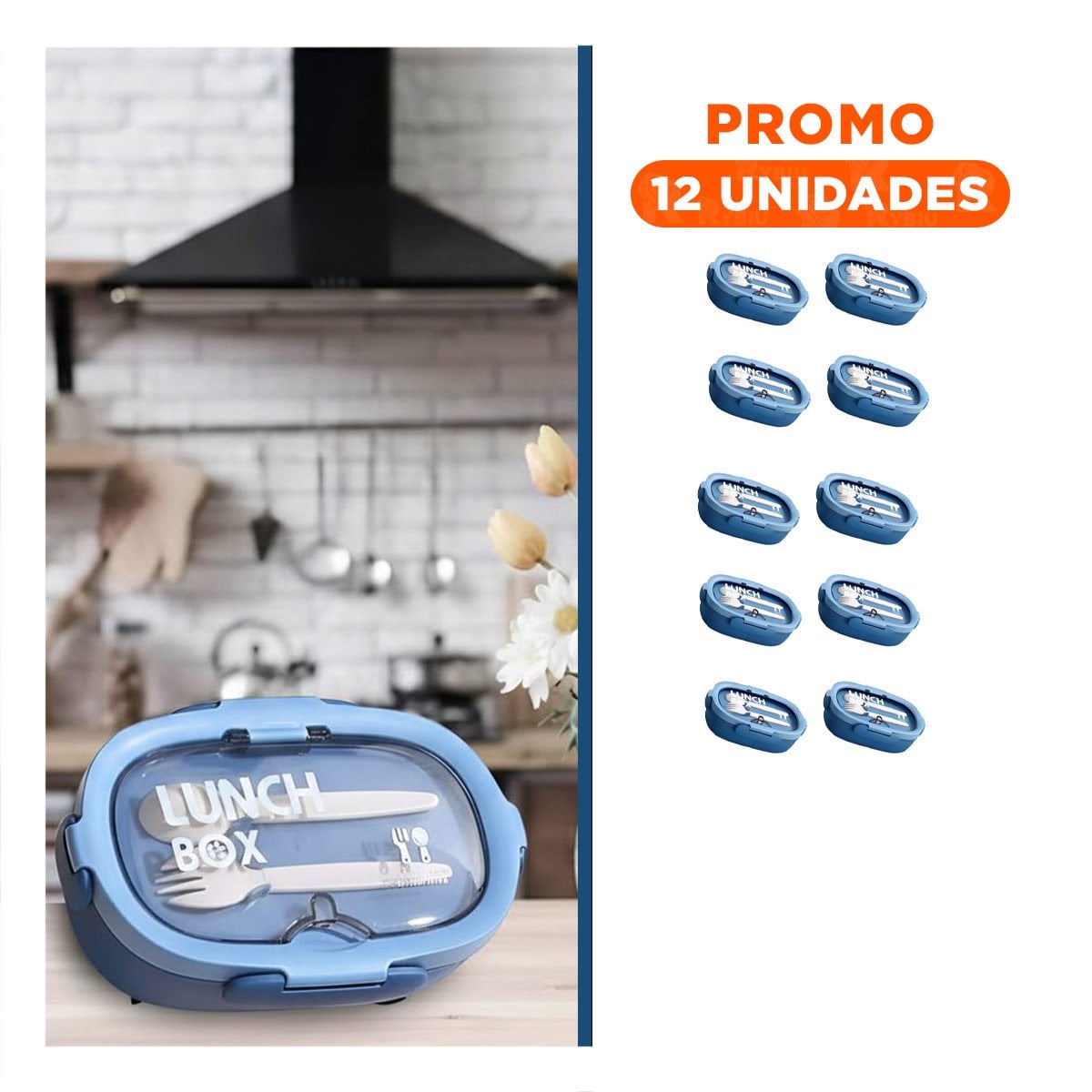PACK12 PORTA COMIDA 850ML CON CUBIERTOS AZUL PARA LLEVAR COMIDA Y+REGALO STICKER - 1