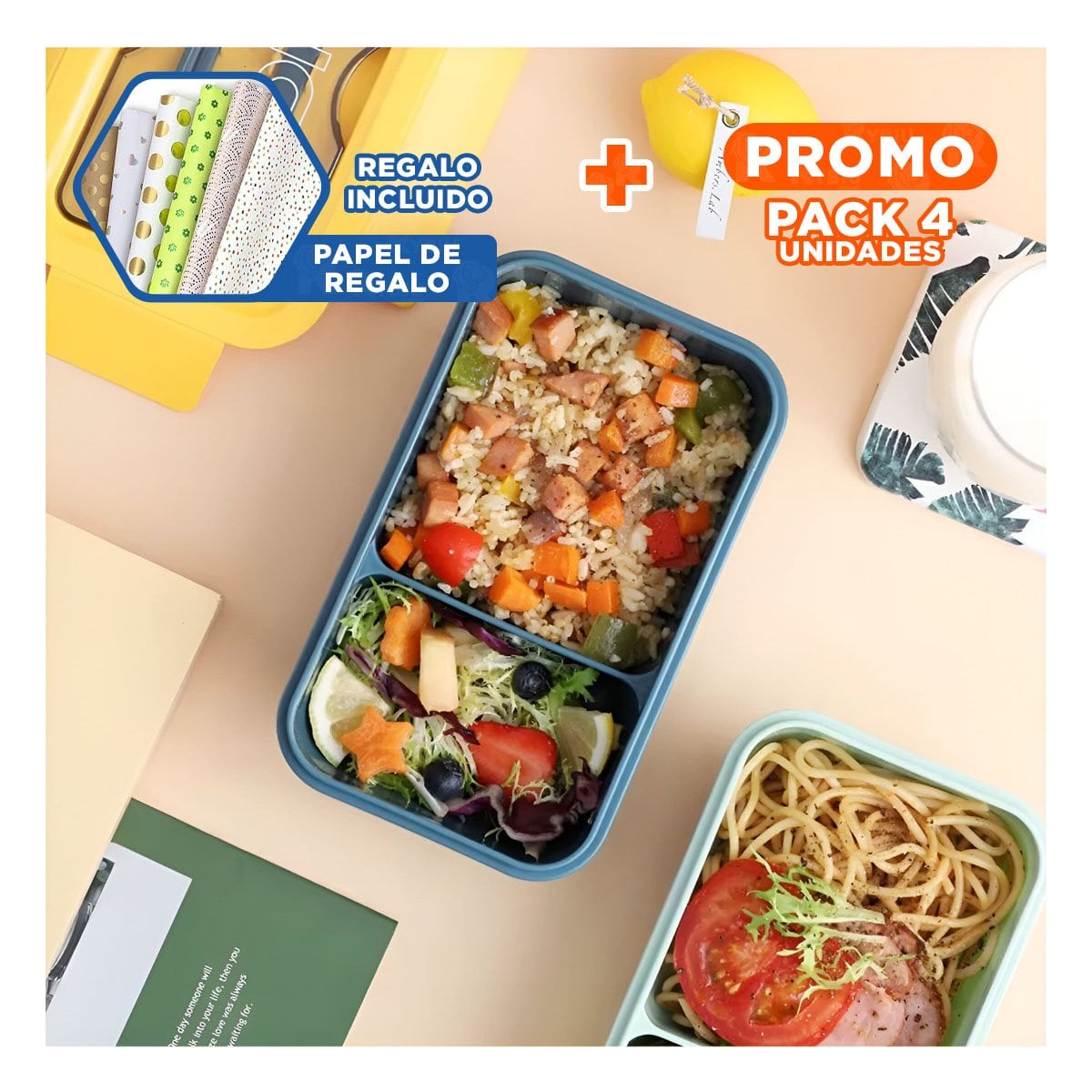 PACK4 POTE COMPACTO 850ML CON CUBIERTOS AZUL Y AMARILLO PARA COCINA Y HOGAR Y+PAPEL REGALO - 1