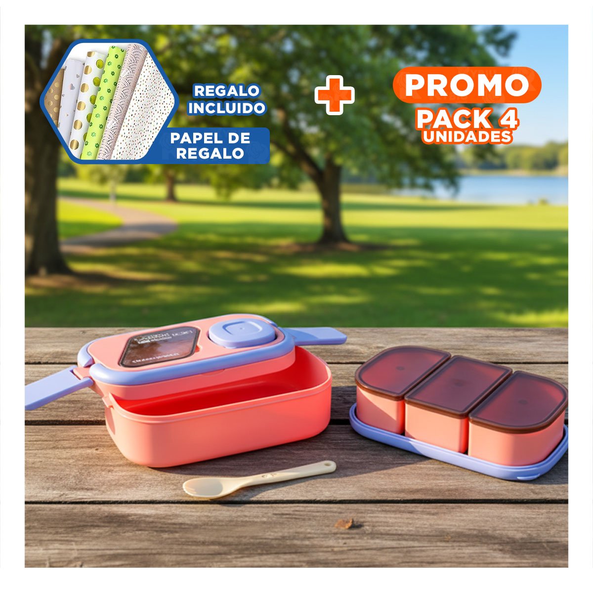 PACK4 POTE PORTÁTIL CON CUBIERTOS 2 PISOS ROSADO Y LILA PARA COCINA Y PICNIC Y+PAPEL REGALO - 1