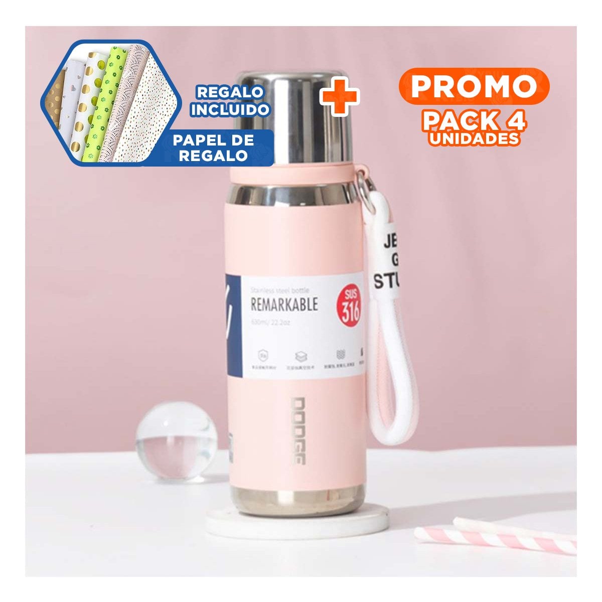 PACK4 CONTENEDOR ROSADO 800ML CON TAPA HERMÉTICA PARA TRANSPORTE DE BEBIDAS Y+PAPEL REGALO - 1