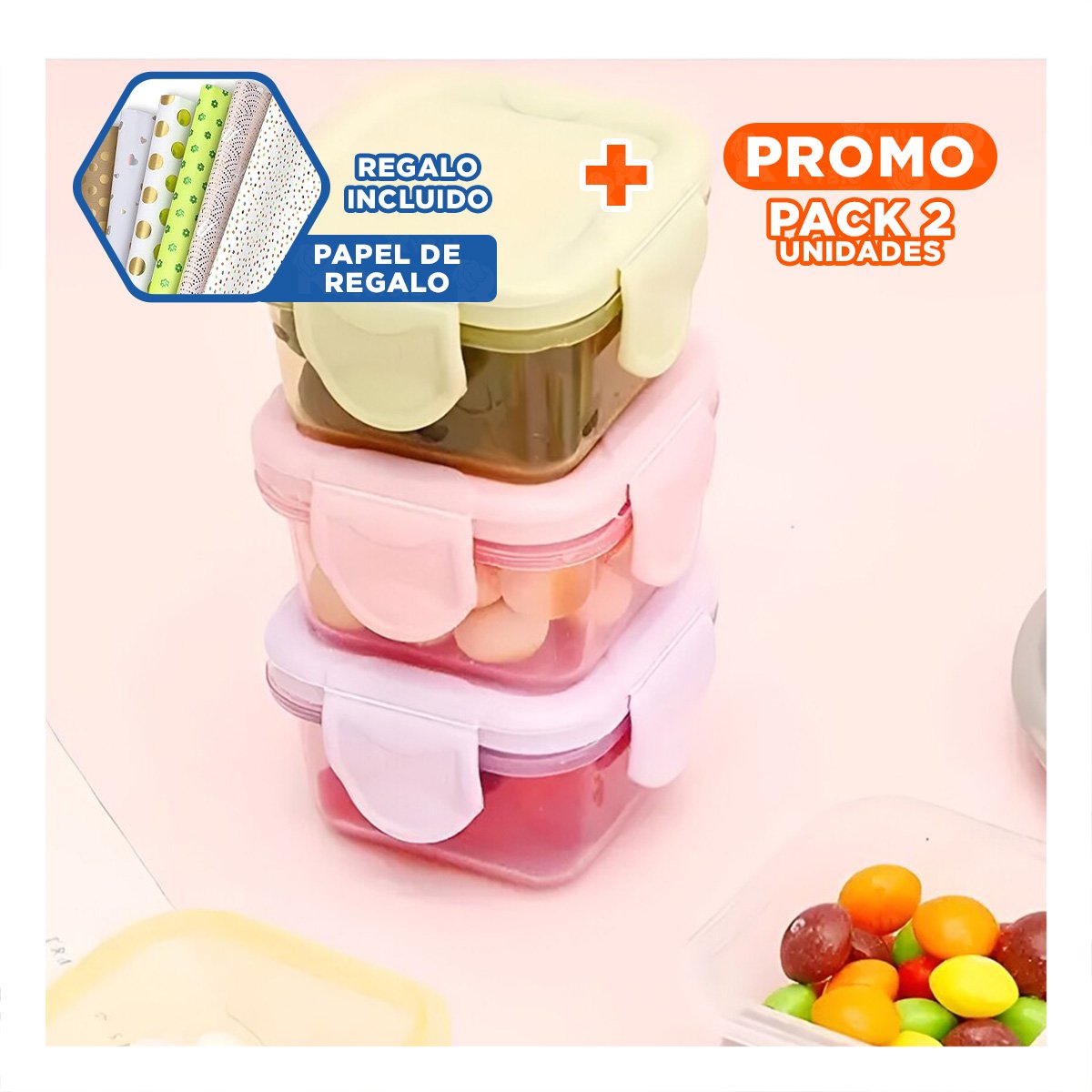 PACK2 BOTES MINI CON SEGURO 4 PIEZAS MULTICOLOR 6,2X4CM PARA TRANSPORTE FÁCIL Y+PAPEL REGALO - 1