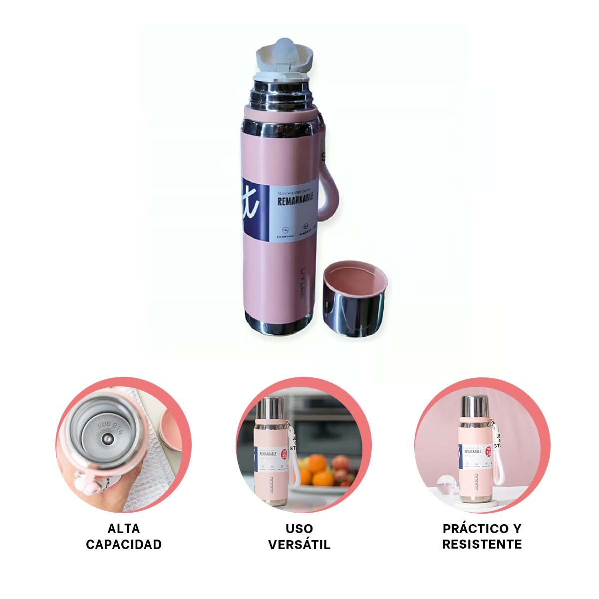 BOTELLA TÉRMICA ROSADA 800ML PARA CAFÉ TÉ Y BEBIDAS DIARIAS EN OFICINA - 3