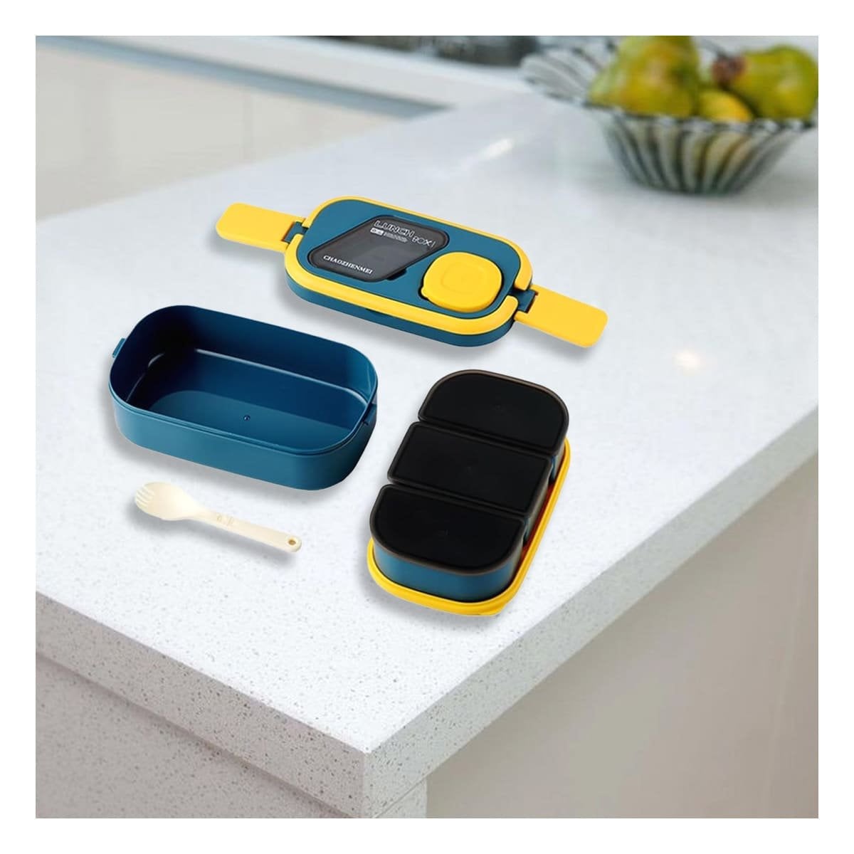 PACK4 POTE ORGANIZADO 2 PISOS CON CUBIERTOS AZUL Y AMARILLO PARA COMIDAS - 5