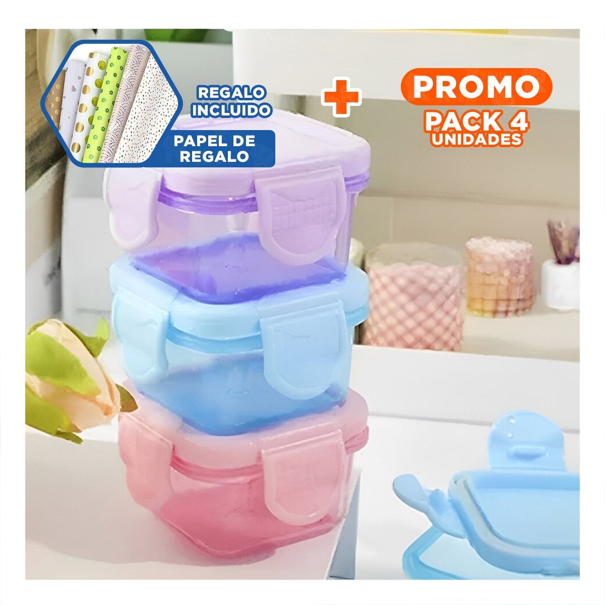 PACK4 POTES MINI CON SEGURO 4 PIEZAS MULTICOLOR 6,2X4CM PARA GUARDAR COMIDA Y+PAPEL REGALO - 1