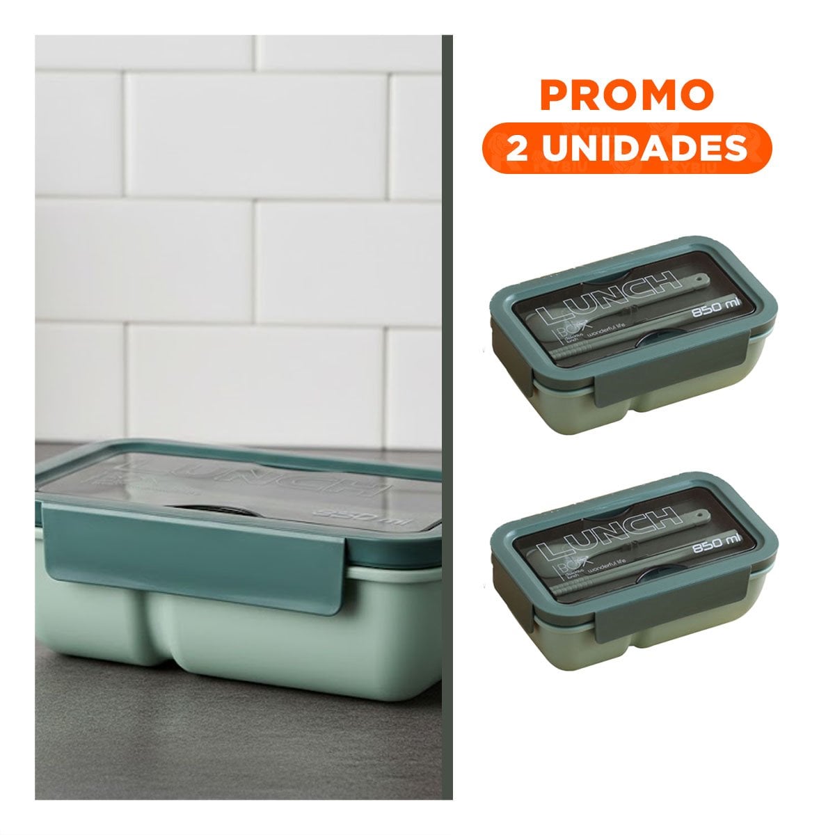 PACK2 BOTE HERMÉTICO 850ML CON CUBIERTOS VERDE PARA ALMACENAJE DE ALIMENTOS - 1