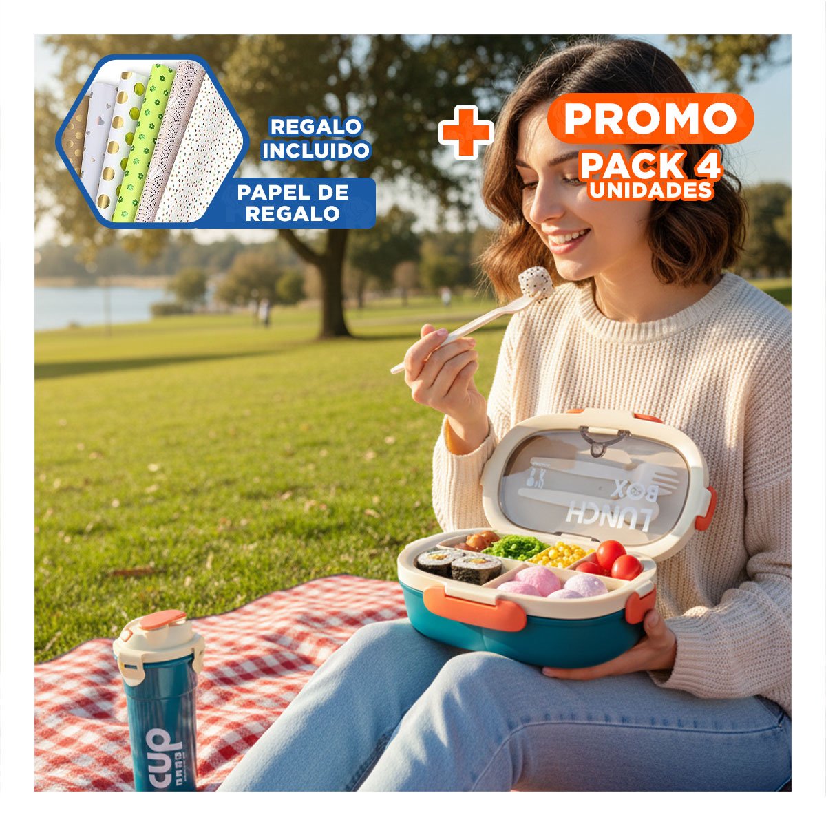 PACK4 SET ALMUERZO 850ML CON CUBIERTOS CREMA Y AZUL MARINO LLEVAR ALMUERZOS Y+PAPEL REGALO - 1
