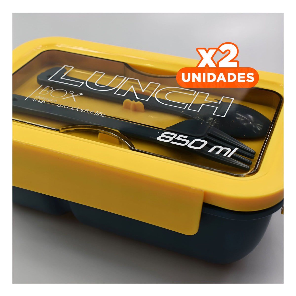 PACK2 BOTE PORTÁTIL 850ML CON CUBIERTOS AZUL Y AMARILLO PARA COCINA FAMILIAR Y+REGALO STICKER - 1