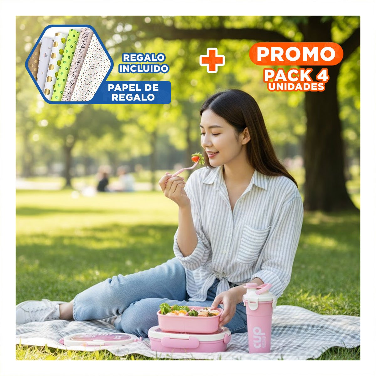 PACK4 SET ALMUERZO 850ML CON CUBIERTOS Y TOMATODO 480ML ROSADO PARA CASA Y+PAPEL REGALO - 1