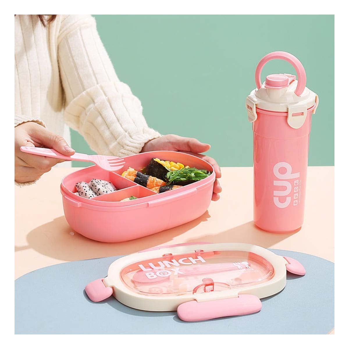 PACK4 SET ALMUERZO 850ML CON CUBIERTOS Y TOMATODO 480ML ROSADO PARA CASA Y+PAPEL REGALO - 5