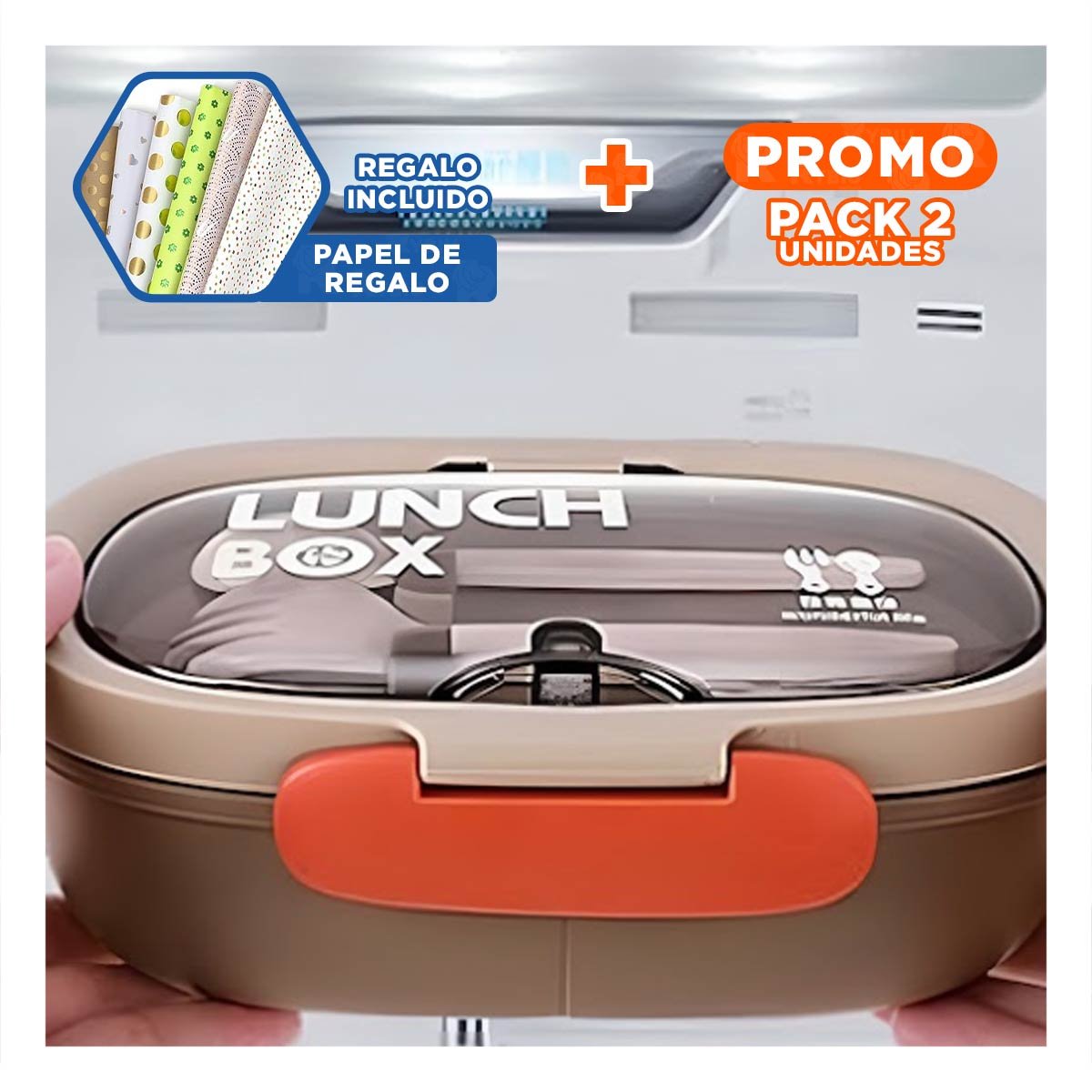 PACK2 CAJA ALMUERZO 850ML CON CUBIERTOS MARRON PARA LLEVAR COMIDA COLEGIO FACIL Y+PAPEL REGALO - 1