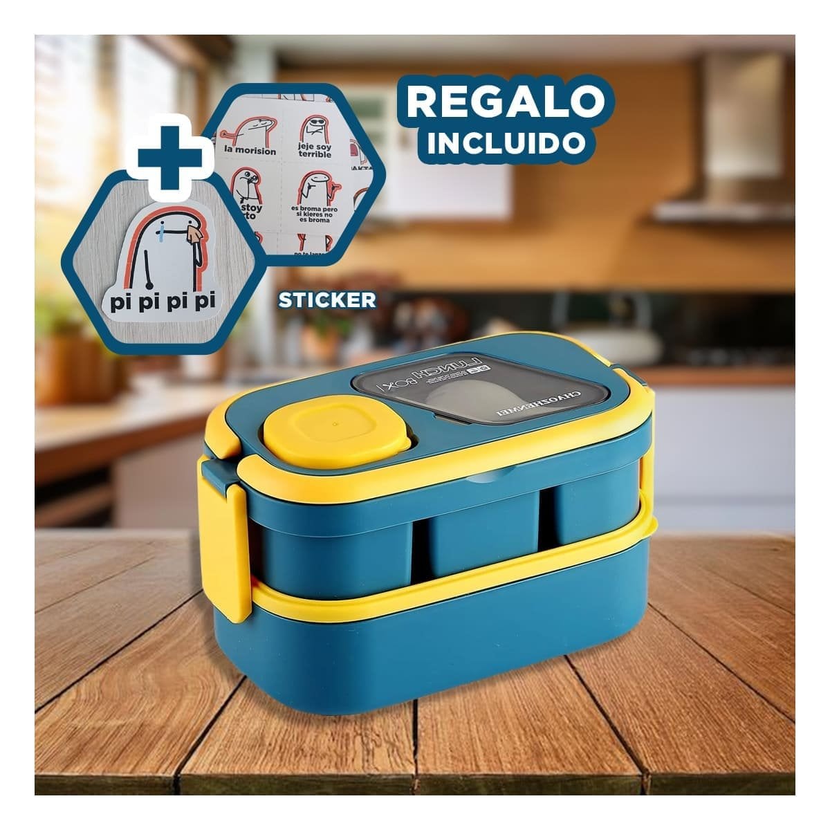 ENVASE LIGERO 2 PISOS CON CUBIERTOS AZUL Y AMARILLO PARA USO DIARIO EN HOGAR Y+REGALO STICKER - 1