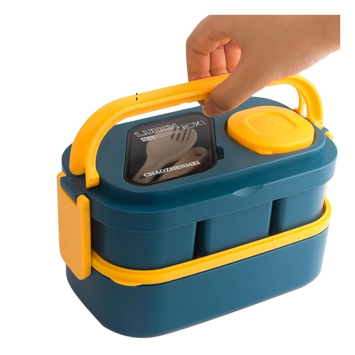 ENVASE LIGERO 2 PISOS CON CUBIERTOS AZUL Y AMARILLO PARA USO DIARIO EN HOGAR Y+REGALO STICKER - 3