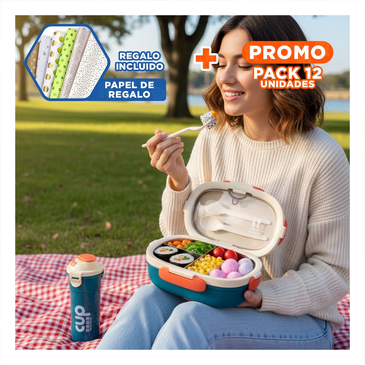 PACK12 KIT ALMUERZO 850ML CON CUBIERTOS CREMA Y AZUL MARINO GUARDAR SNACKS Y+PAPEL REGALO - 1