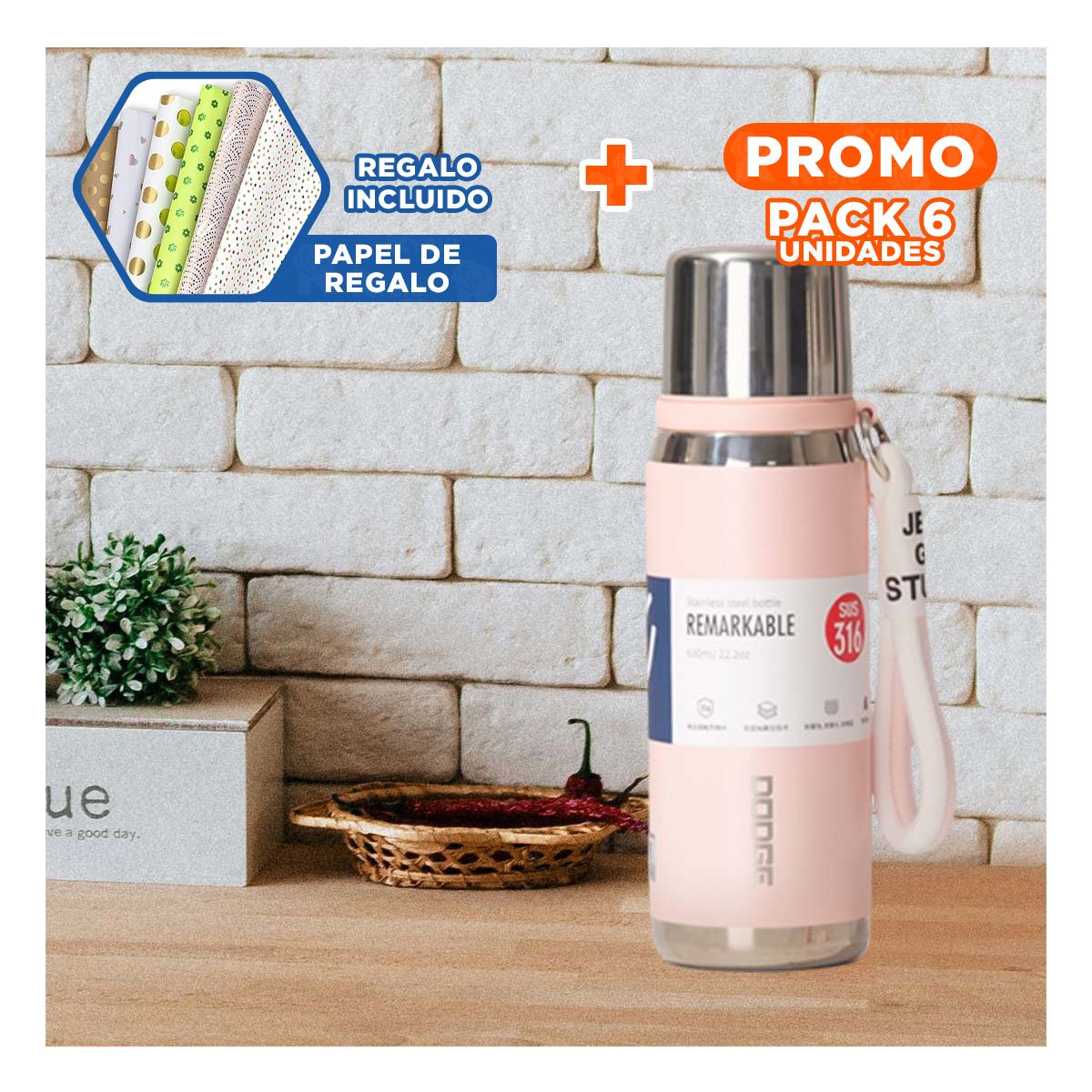 PACK6 CONTENEDOR ROSADO 800ML PARA BEBIDAS FRÍAS Y CALIENTES EN OFICINA Y HOGAR Y+PAPEL REGALO - 1
