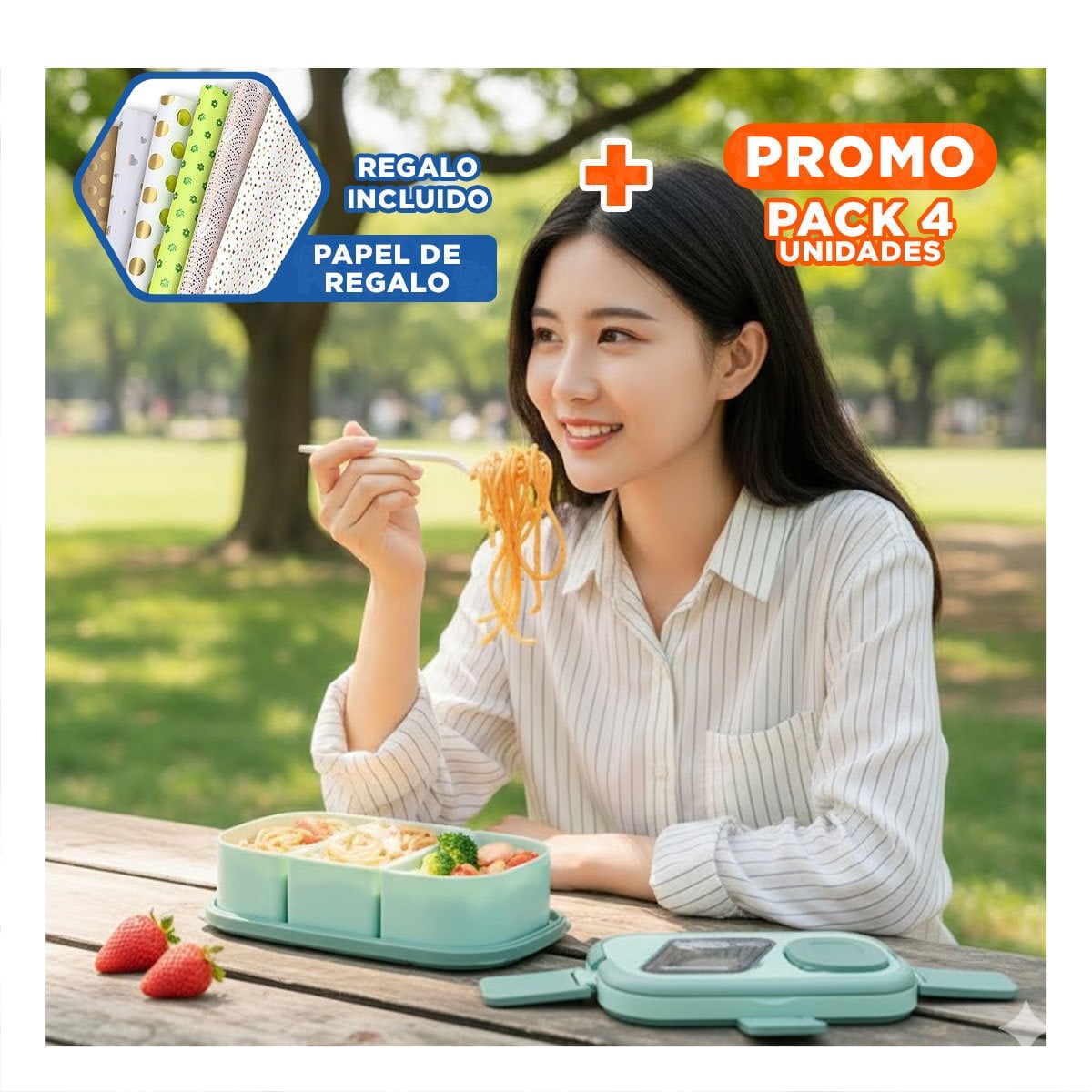 PACK4 SET ALMUERZO 2 PISOS CON COMPARTIMIENTOS Y CUBIERTOS VERDE LLEVAR Y+PAPEL REGALO - 1