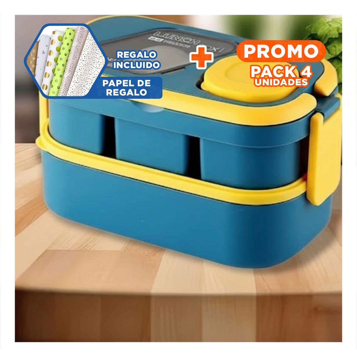 PACK4 POTE PORTÁTIL 2 PISOS CON CUBIERTOS AZUL Y AMARILLO PARA PICNIC Y+PAPEL REGALO - 1