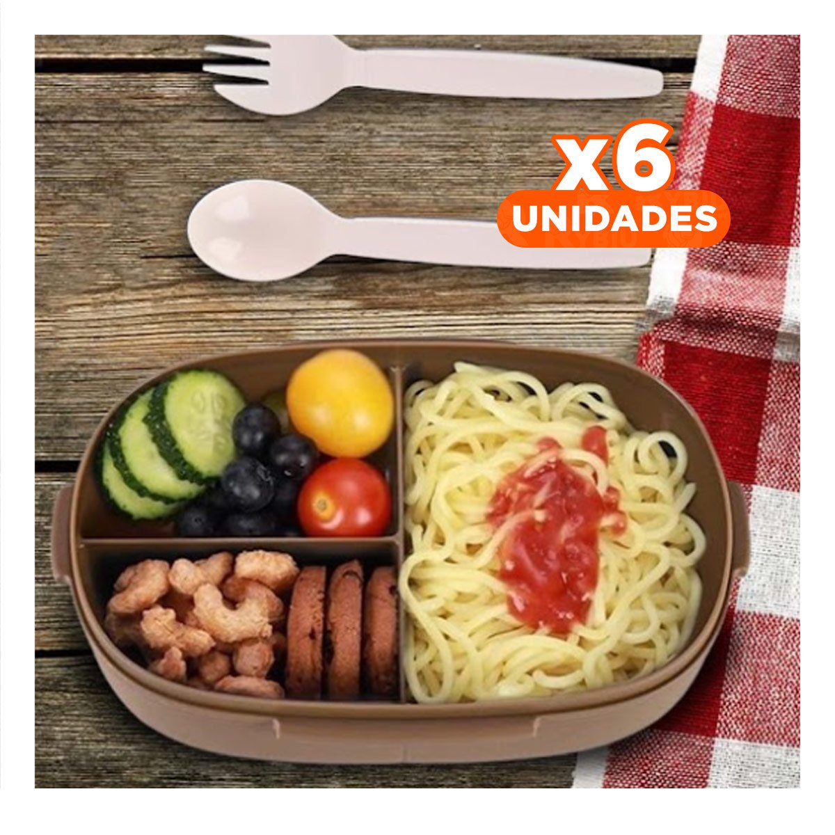 PACK6 KIT ALMUERZO 850ML CON CUBIERTOS MARRON PARA MANTENER COMIDA FRESCA CASA Y+REGALO STICKER - 1