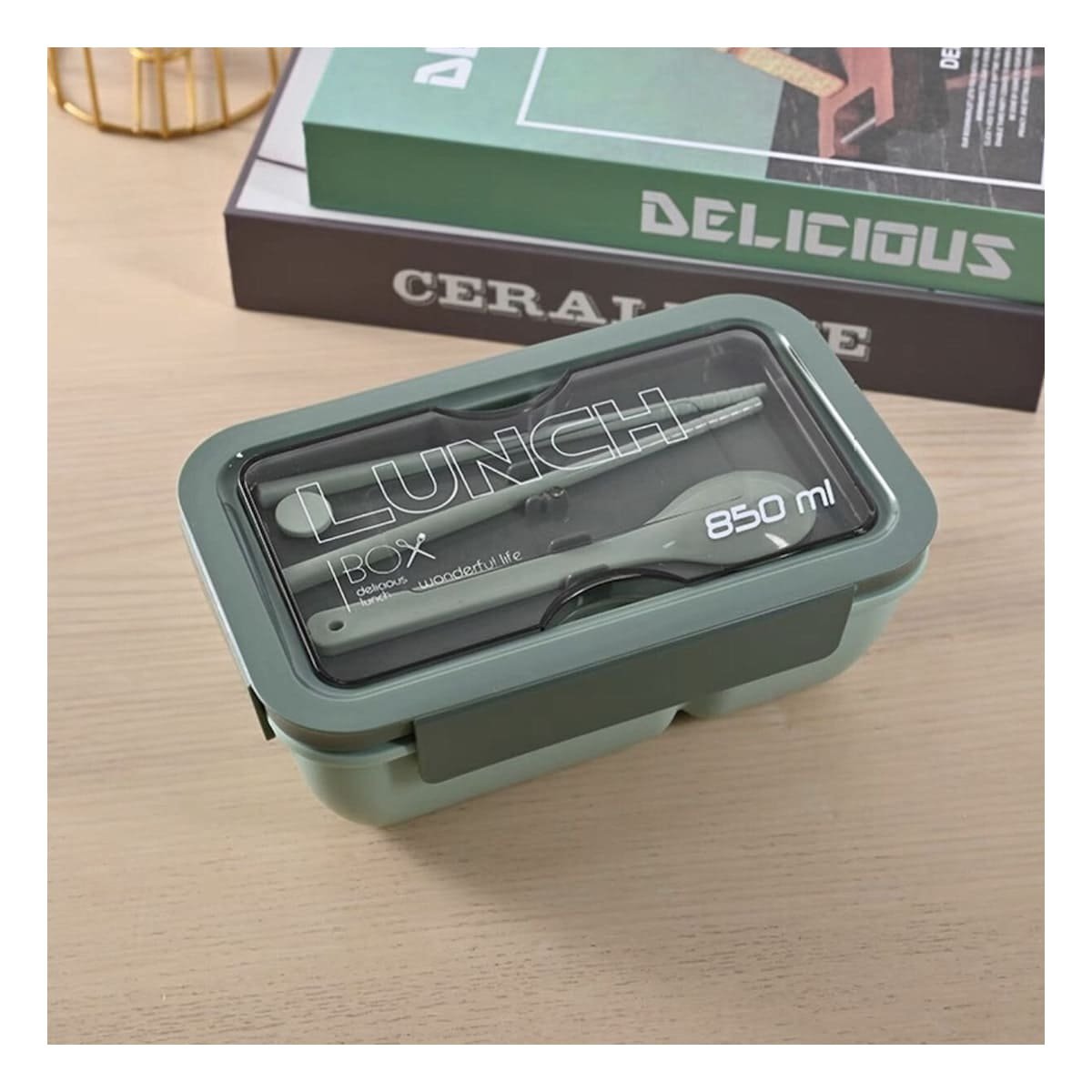 PACK4 POTE LIGERO 850ML CON CUBIERTOS VERDE PARA TRANSPORTE DE COMIDA Y OFICINA - 3