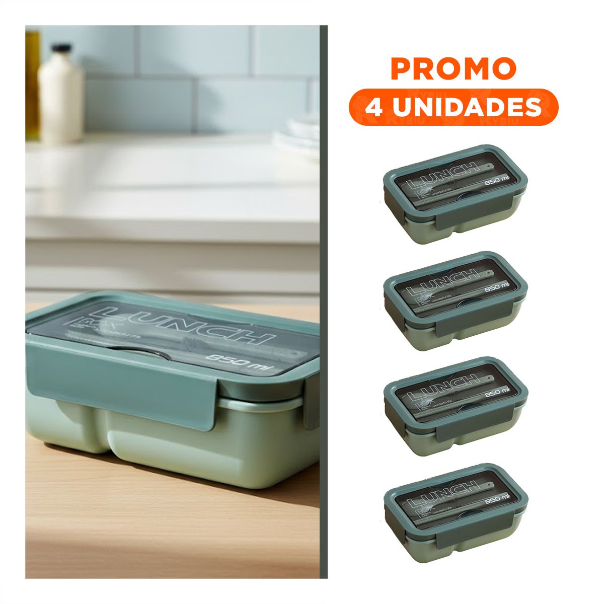 PACK4 POTE HERMÉTICO 850ML CON CUBIERTOS VERDE PARA ALMACENAJE DE COMIDA Y+REGALO STICKER - 1